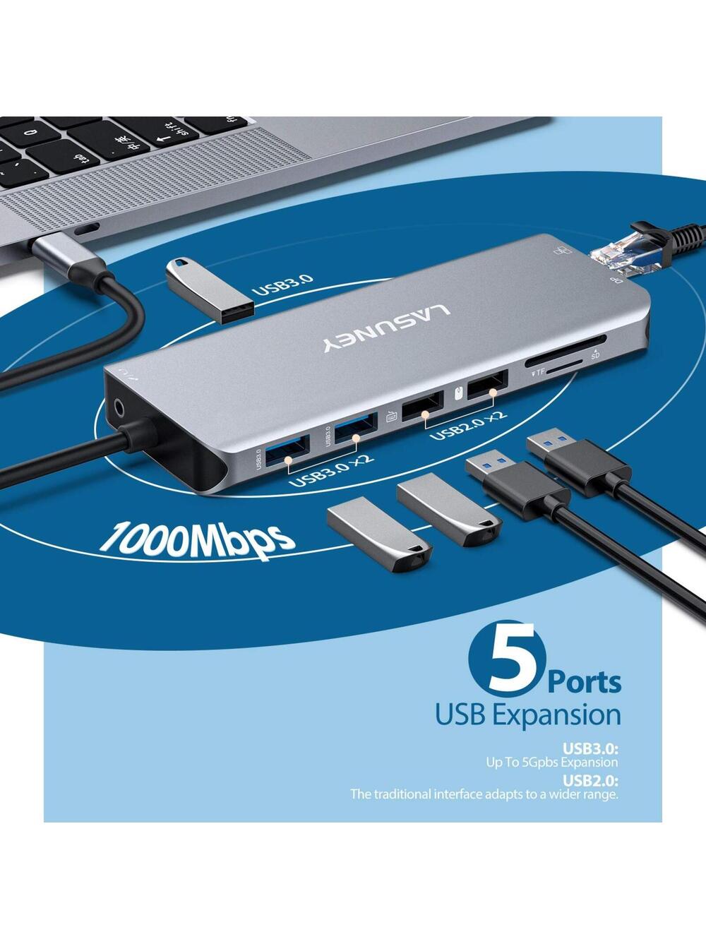 LASUNEY 13-in-1 USB C Hub Docking Station Dual HDMI DP Ethernet 4K Silver